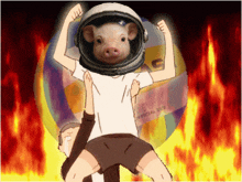 a cartoon of a pig wearing a helmet with a volleyball behind it