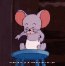 a cartoon mouse is sitting on a blue stool and eating something .