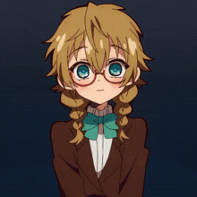 a girl with blonde hair wearing glasses and a bow tie