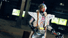 a person in a costume with a helmet that says ' ghost rider ' on it