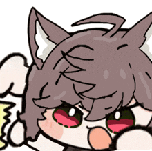 a cartoon drawing of a cat with a pink nose and green eyes