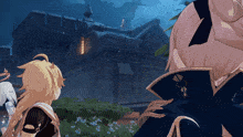 a group of anime characters are standing in front of a building at night