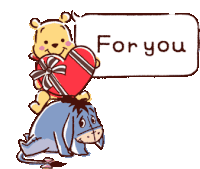 a cartoon of winnie the pooh and eeyore holding a heart and a sign that says you