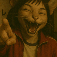a person with a cat 's face is pointing at something