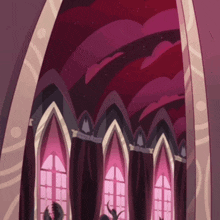 a cartoon drawing of a room with arched windows and a purple sky in the background