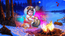 a colorful painting of a baby krishna sitting in the snow