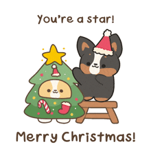 a card that says merry christmas with two dogs