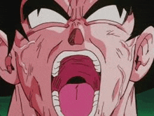 a close up of a cartoon character with his mouth open and his tongue sticking out .