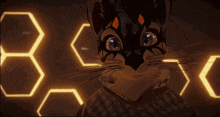 a close up of a cat 's face in front of a honeycomb pattern