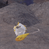 a computer generated image of a bird with a yellow tail standing on the ground