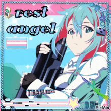 a picture of a girl holding a gun with the words rest angel above her
