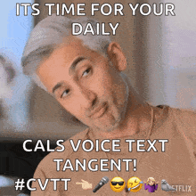 a man is pointing at a microphone with the caption " its time for your daily cals voice text tangent #cvtt "