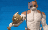 a man with a cat mask on his head holding a trophy