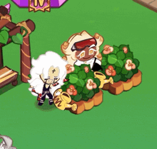 a couple of cartoon characters are standing next to each other in front of a planter with flowers .