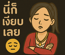a cartoon drawing of a woman with her arms crossed and a yellow smiley face behind her