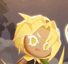 a close up of a cartoon character with yellow hair and white eyes holding a sword .