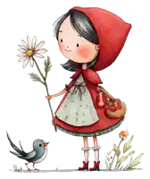 little red riding hood is holding a flower and a bird