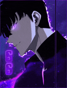 a man with purple eyes is standing in front of a purple background with the word ccc on it