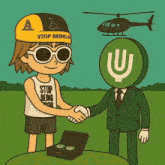 a cartoon of a boy wearing a hat that says stop being f shaking hands with a man in a suit