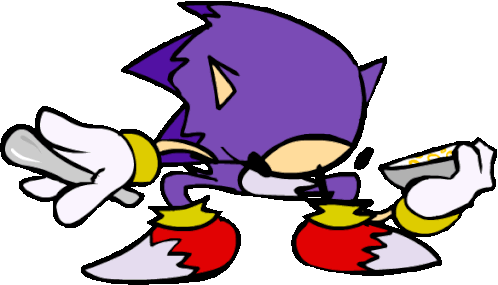 a cartoon drawing of a purple sonic the hedgehog holding something