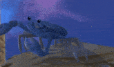 a blue crab is standing on top of a rock in the water .