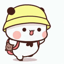 a cartoon panda bear wearing a yellow hat and holding a backpack .