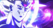 a close up of a cartoon character with purple and white hair