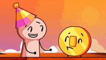 a cartoon character wearing a party hat next to a coin