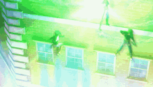 a couple of people standing on the side of a building with green light coming out of them
