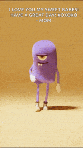 a purple monster with two eyes and arms and legs is walking and says happy monday