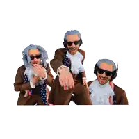 three men dressed as george washington are dancing and pointing