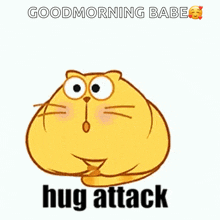 a cartoon cat with a surprised look on its face is being hugged by a person .