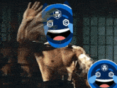 a man with a blue mask on his face is laughing .