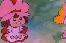 two cartoon characters are standing next to each other and one has a pink hat