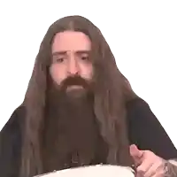 a man with long hair and a beard is playing a tambourine