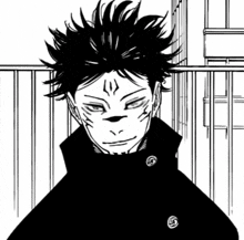 a black and white drawing of a man with a mask on his face standing next to a fence .