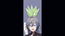 a girl with a plant on her head and a hand pointing