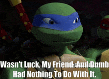 a picture of a teenage mutant ninja turtle with the caption " wasn t luck my friend and dumb had nothing to do with it