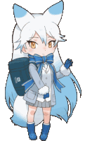 a drawing of a girl with white hair and a backpack that says ninja on it