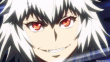 a close up of a person 's face with red eyes and white hair .