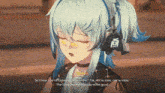 a girl with blue hair and headphones on her head is talking to someone .
