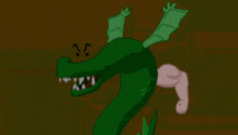 a cartoon drawing of a green dragon with wings and a pink arm