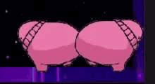 a couple of pink pigs are standing next to each other in a dark room .
