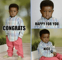 a collage of three pictures of a little boy with the words congrats happy for you and nice