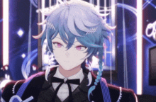 a blue haired anime character with a bow tie