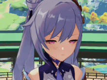 a girl with purple hair and pink eyes is standing in front of a fence