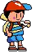 a pixel art of a boy with a backpack and a hat holding a cup .