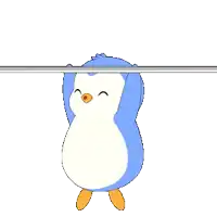 a blue and white penguin is hanging upside down