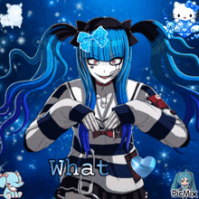 a picture of a girl with blue hair and the word what on the bottom