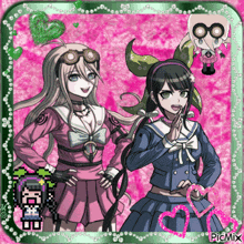 two anime girls are standing next to each other on a pink background with a picmix watermark